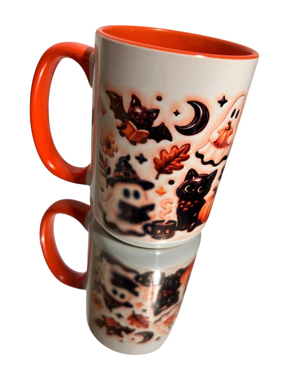 Halloween Ceramic Mug - Orange Interior & Handle made to order ghosts cats 15 oz - Picture 4 of 4